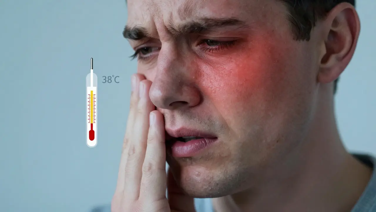 Člověk s bolestí tváře, otokem a horečkou po vytržení zubu