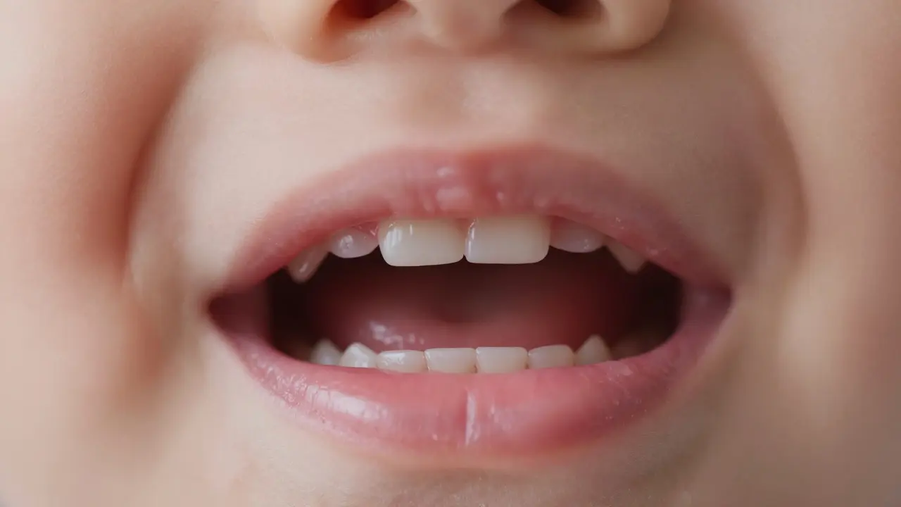 Detailní záběr na první proraštěný mléčný zub miminka
