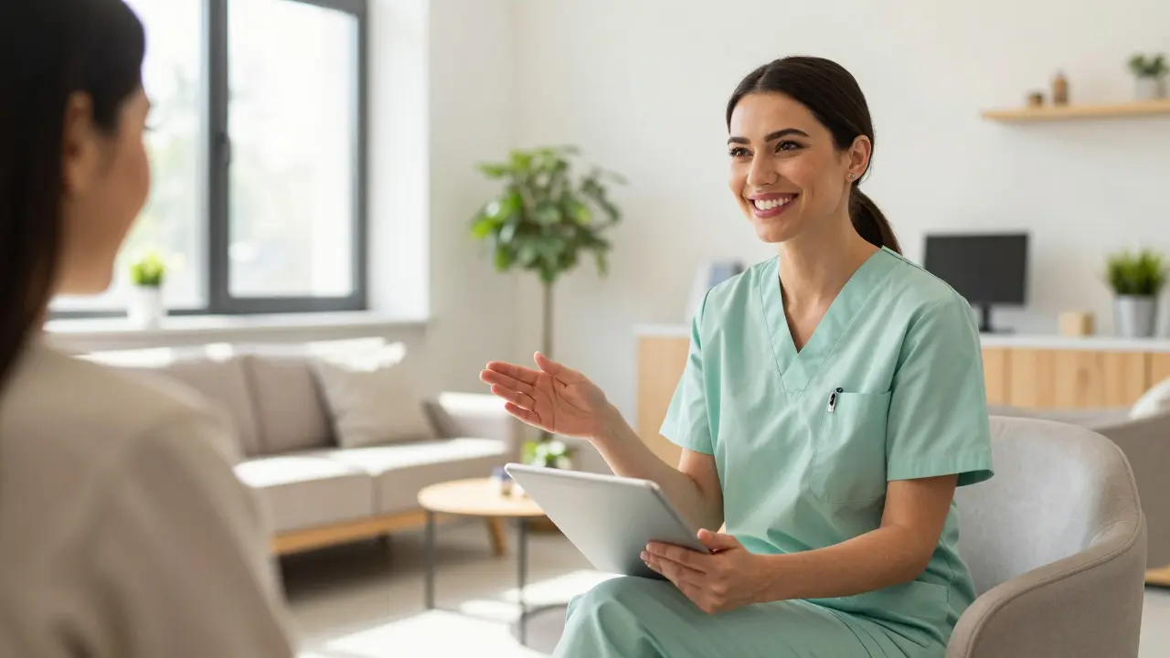 Přátelský dentální hygienista v moderní ordinaci vysvětluje pacientovi péči.