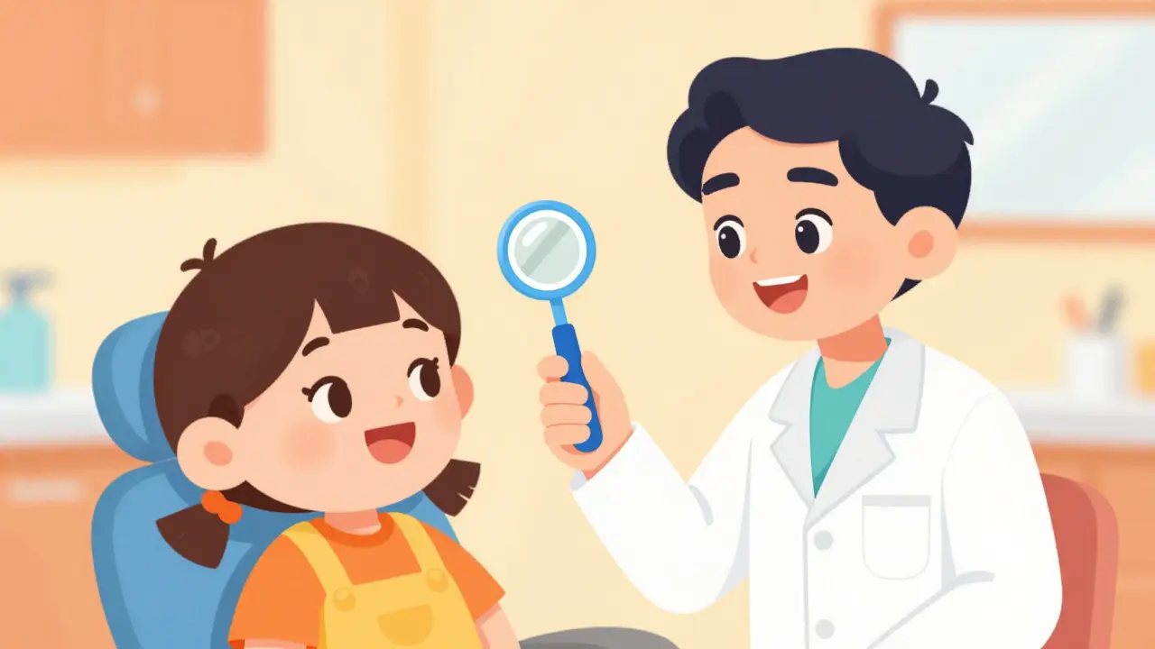 Přátelský dentista ukazuje nástroj šťastnému dítěti