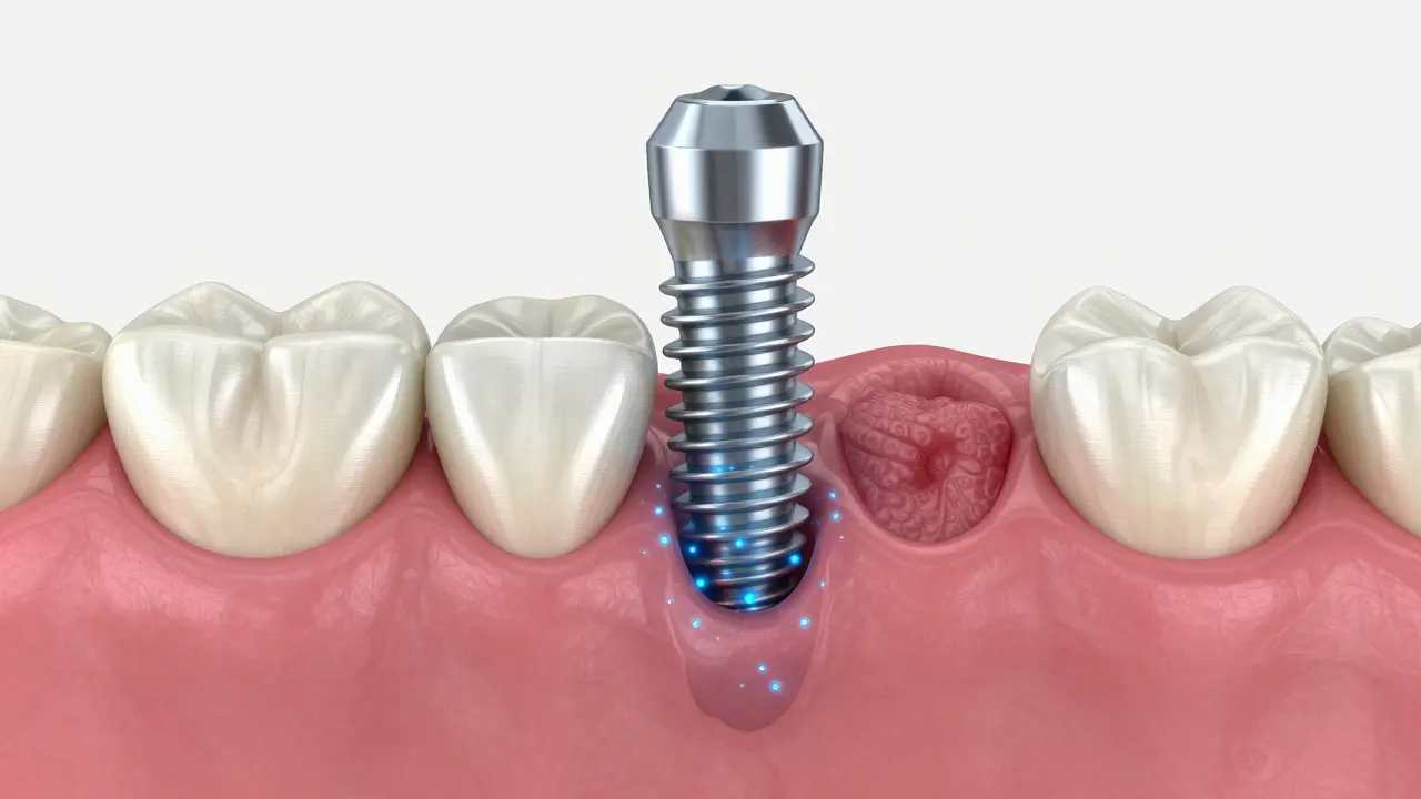 Schéma ukotvení zubního implantátu do kosti během hojení