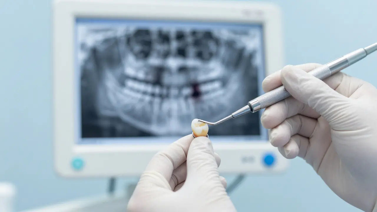 Stomatolog diagnostikuje kaz pod korunou pomocí sondy a rentgenu