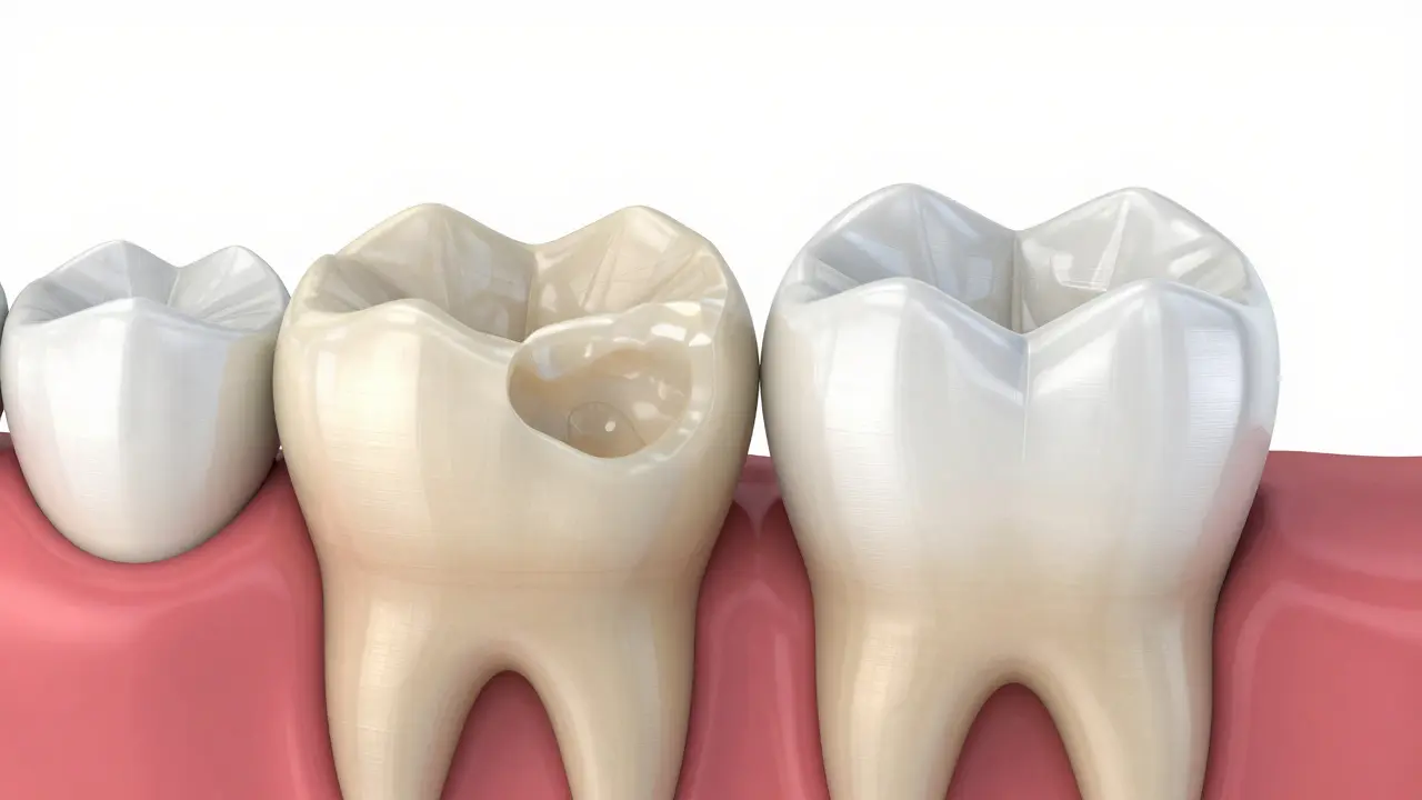 3D vizualizace rozdílu mezi kompozitním inlayem a celou korunou