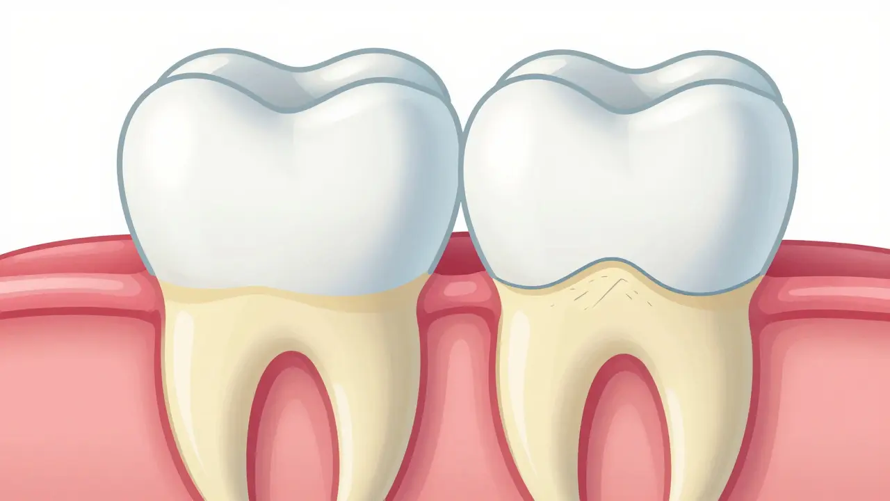 Ilustrace průřezu zubem ukazující email a citlivý dentin