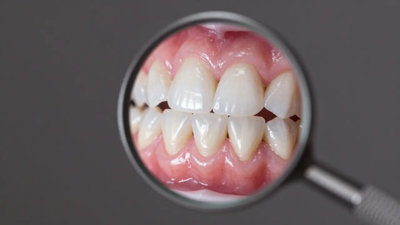 Odraz zubů a dásní viditelný přes malé dentální zrcátko