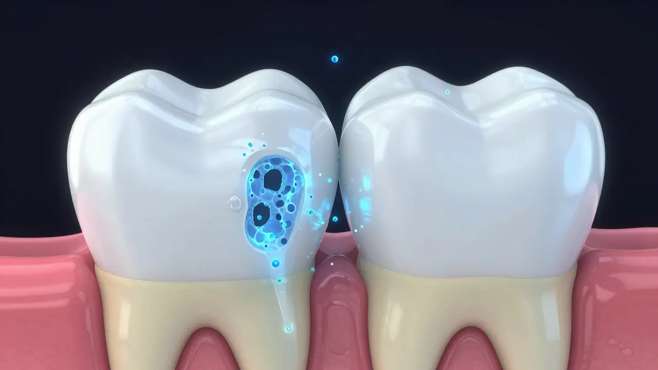 Schéma principu bělení: pronikání látky do dentinu