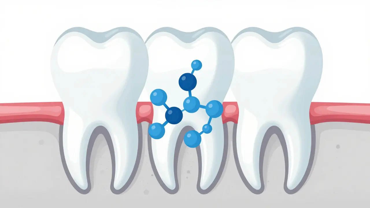 Schéma zubu s molekulami tetracyklinu v dentinu