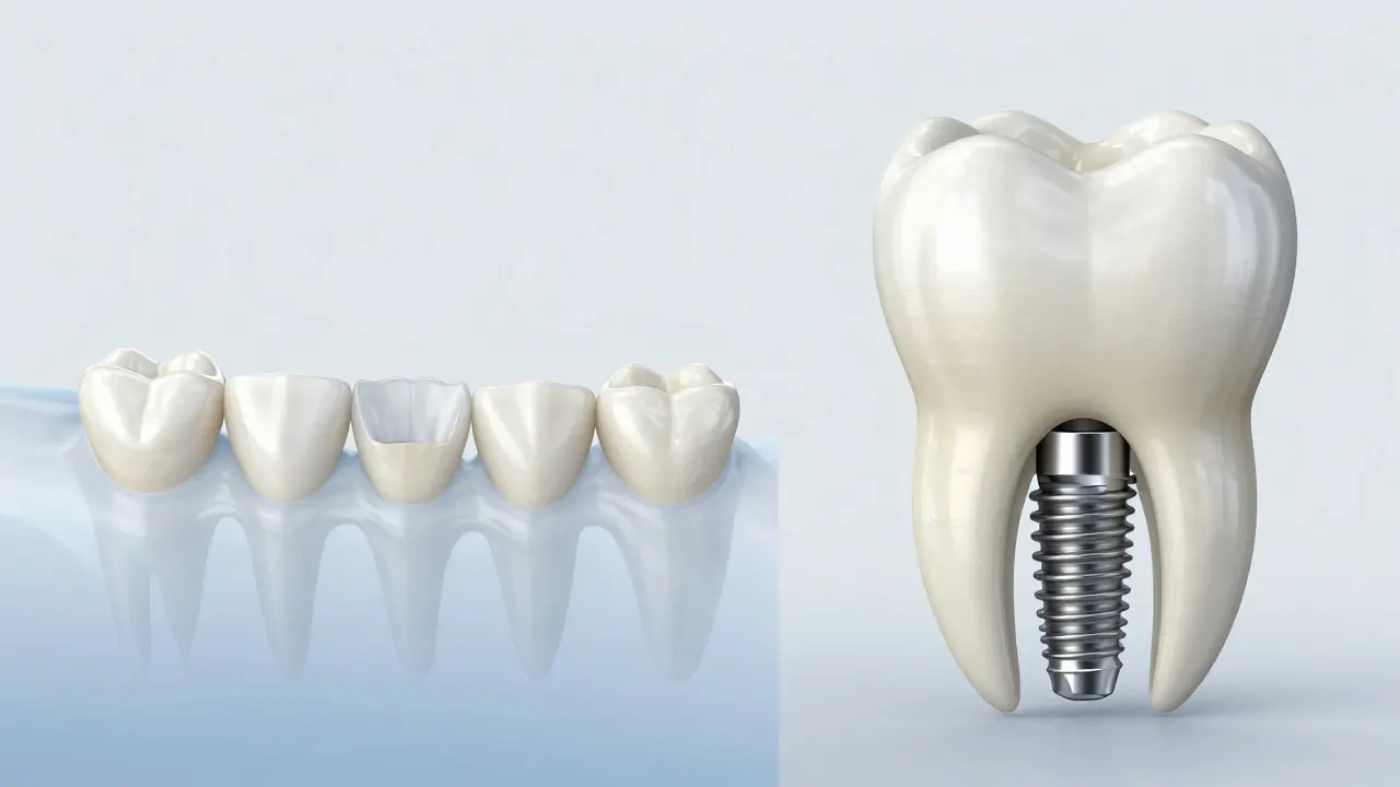 Srovnání zubního můstku a implantátu na čelisti