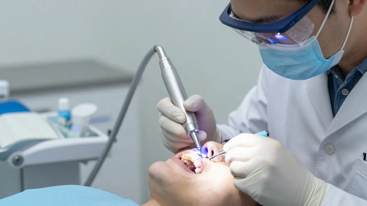 Stomatolog používá modré světlo k vytvrzování kompozitní výplně