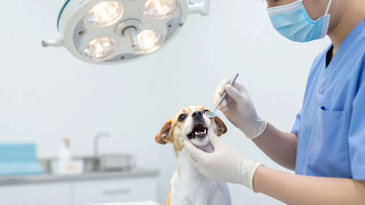 Veterinář vyšetřuje zuby psa v klinice