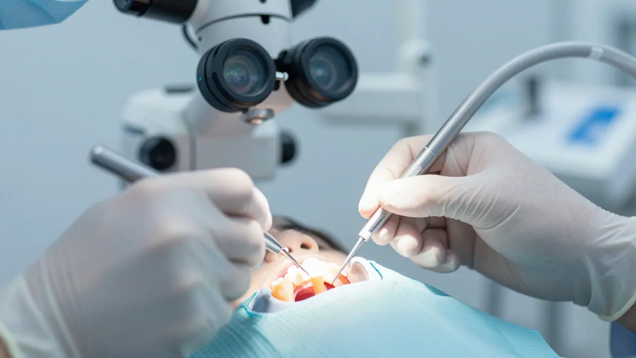 Zubní lékař provádí ošetření kořenových kanálků