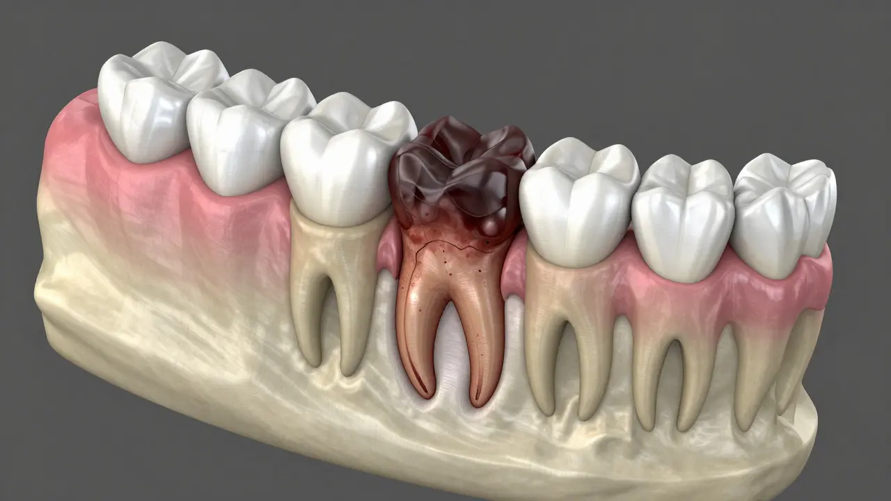 Anatomický průřez zubem s kazy a zánětem kořene