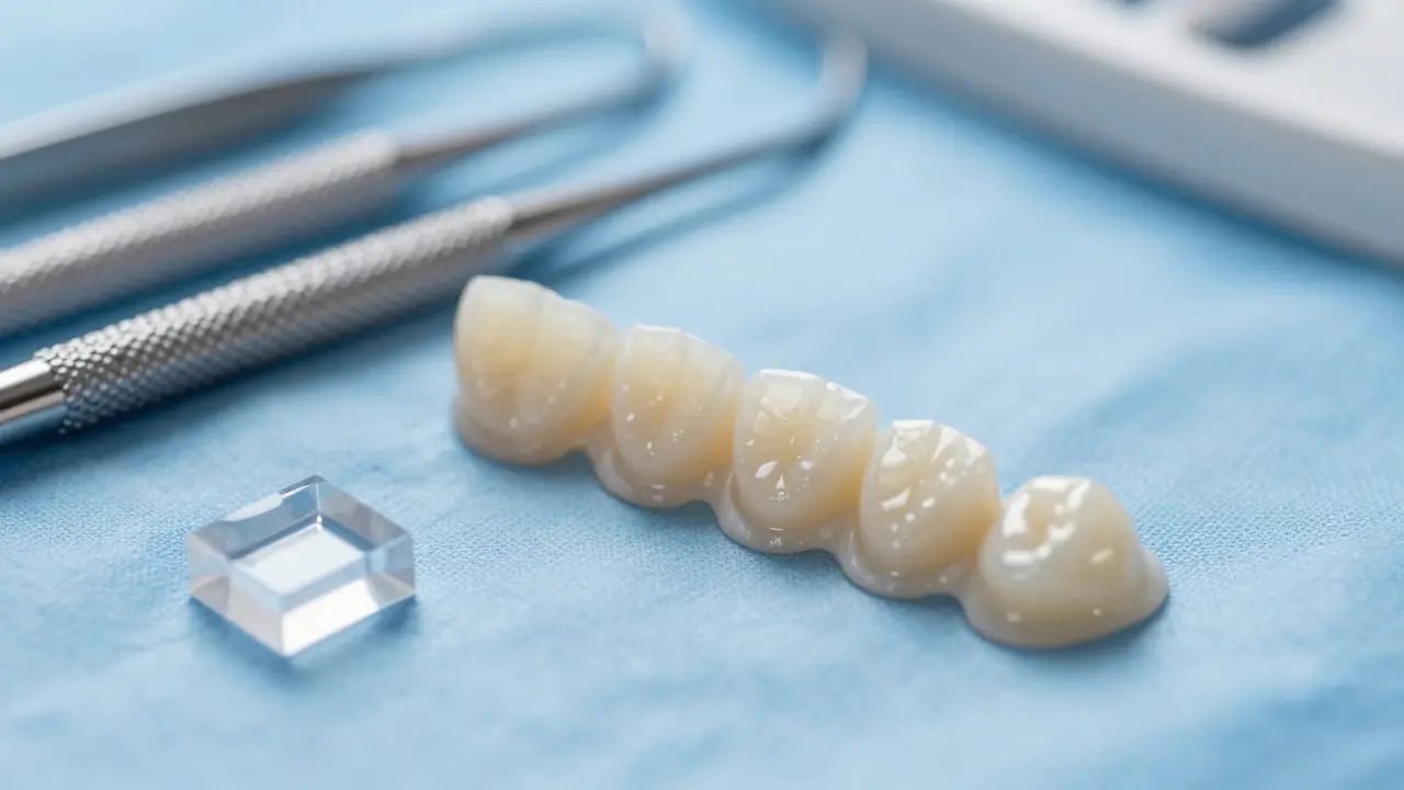 Detail keramických fazet a dentálních nástrojů na sterilním podkladu