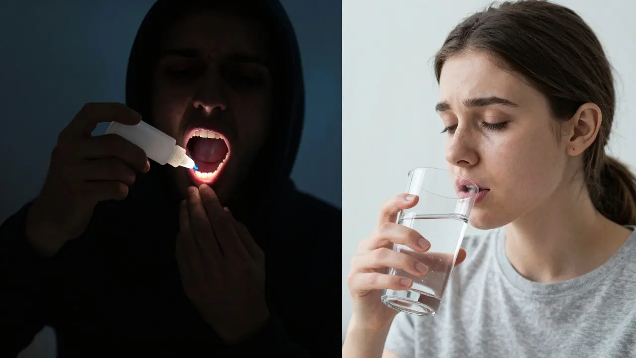Kontrast mezi nebezpečným lepidlem a bezpečným vyplachováním solenou vodou