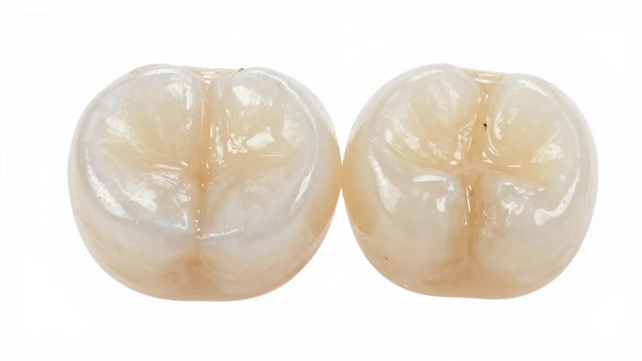 Makro záběr porcelánové destičky imitující přirozený zub