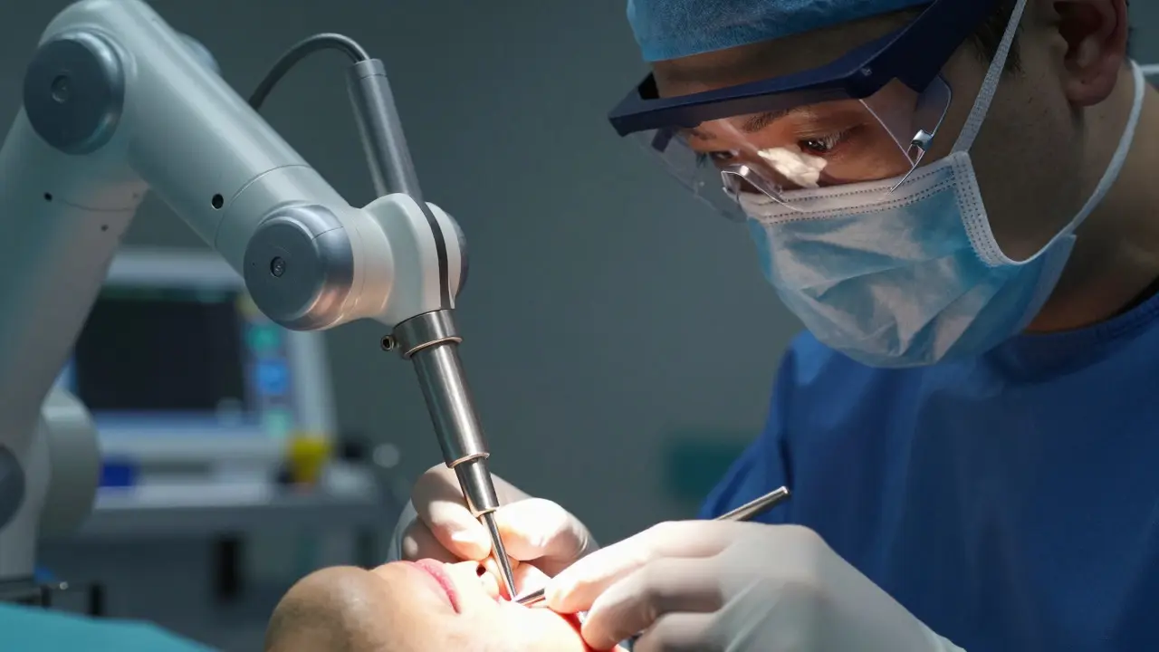 Robotická ruka provádí přesný zákrok na čelisti pod dohledem lékaře