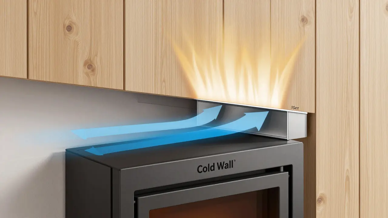 Schéma systému Cold Wall pro bezpečnou instalaci kamen u zdi