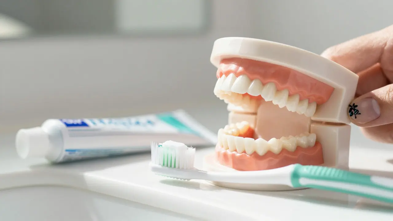 Zubní kartáček v úhlu 45 stupňů na modelu zubů pro správnou techniku čištění