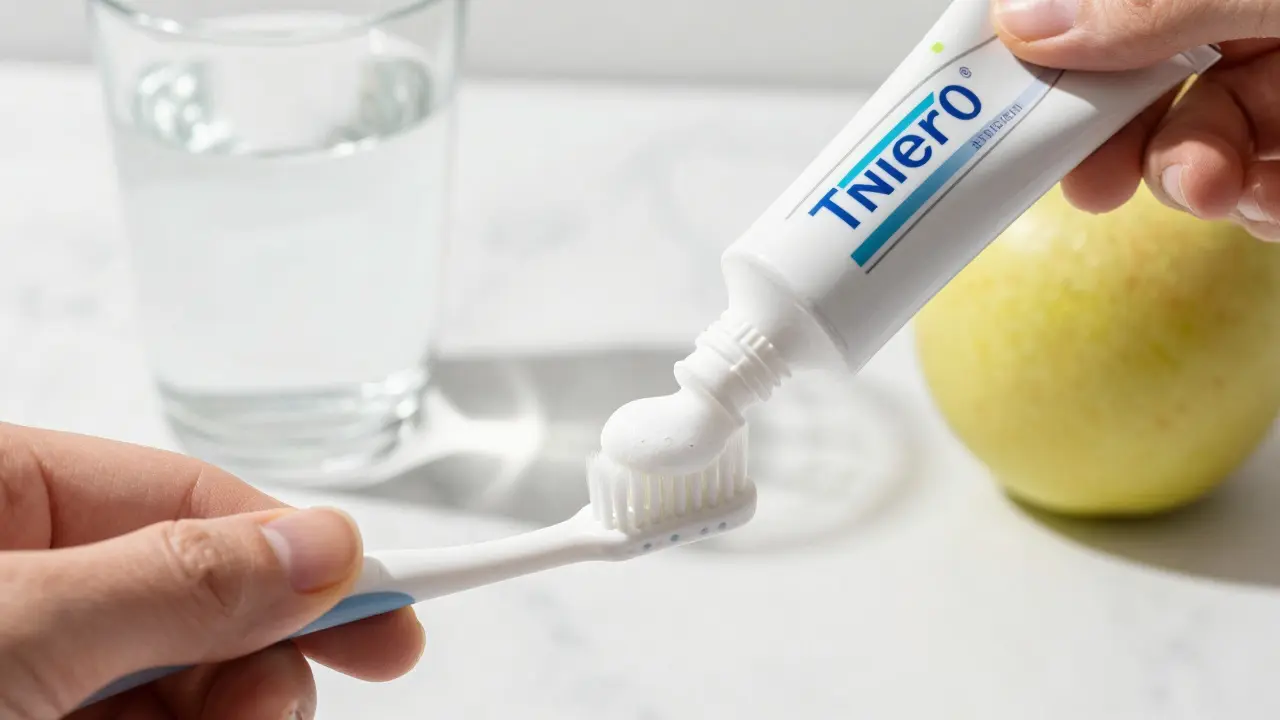 Zubní pasta s fluoridem na kartáčku pro prevenci a remineralizaci