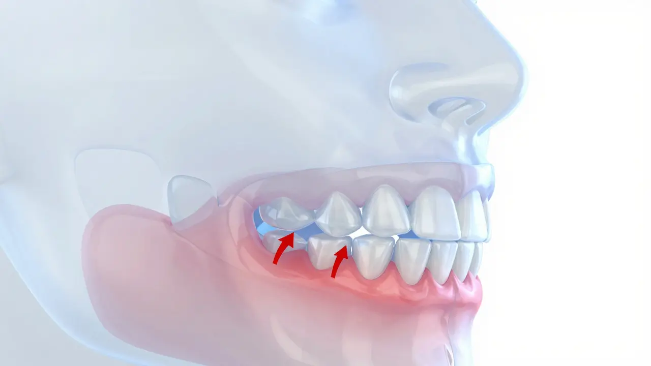 3D ilustrace předkusu ukazující nesprávné zakousnutí čelistí