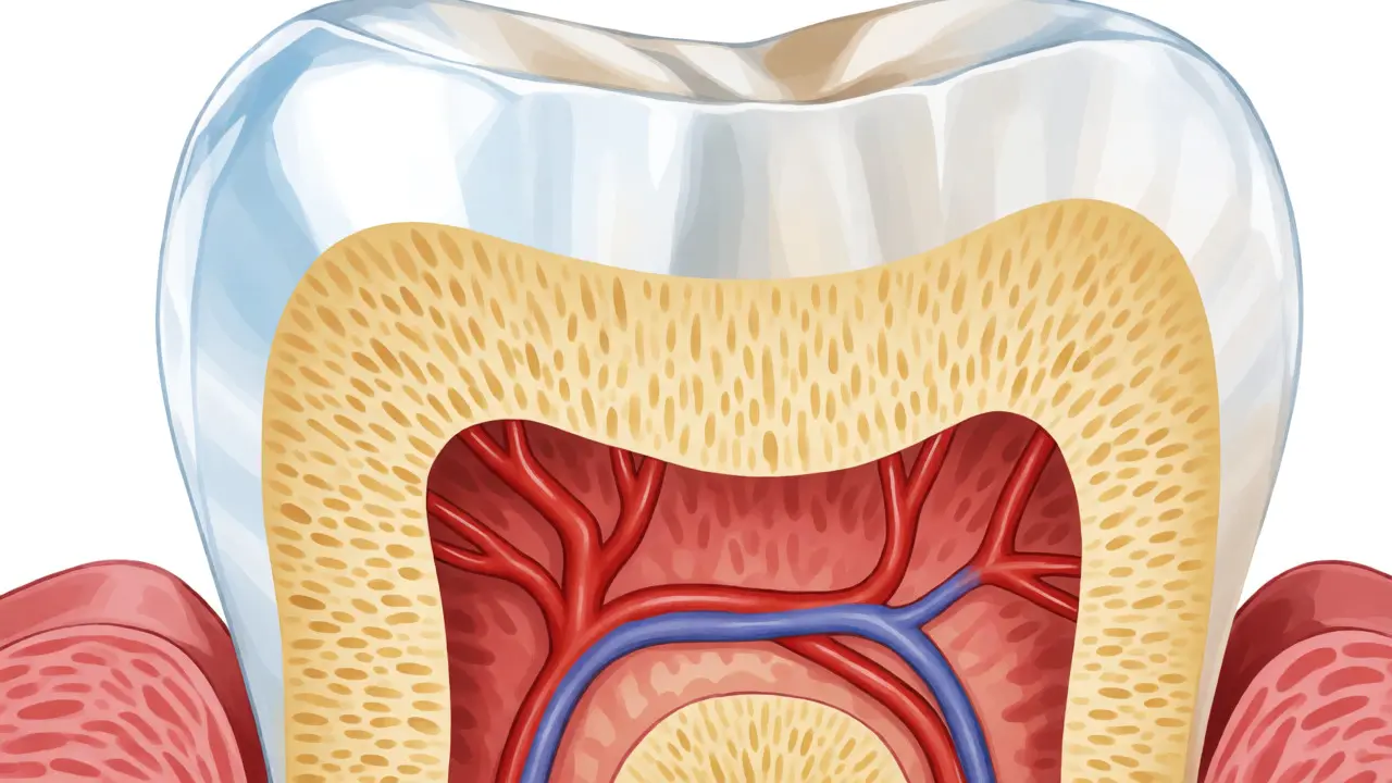 Anatomický řez zubem ukazující průsvitnou sklovinu, žlutý dentin a centrální dřeň.
