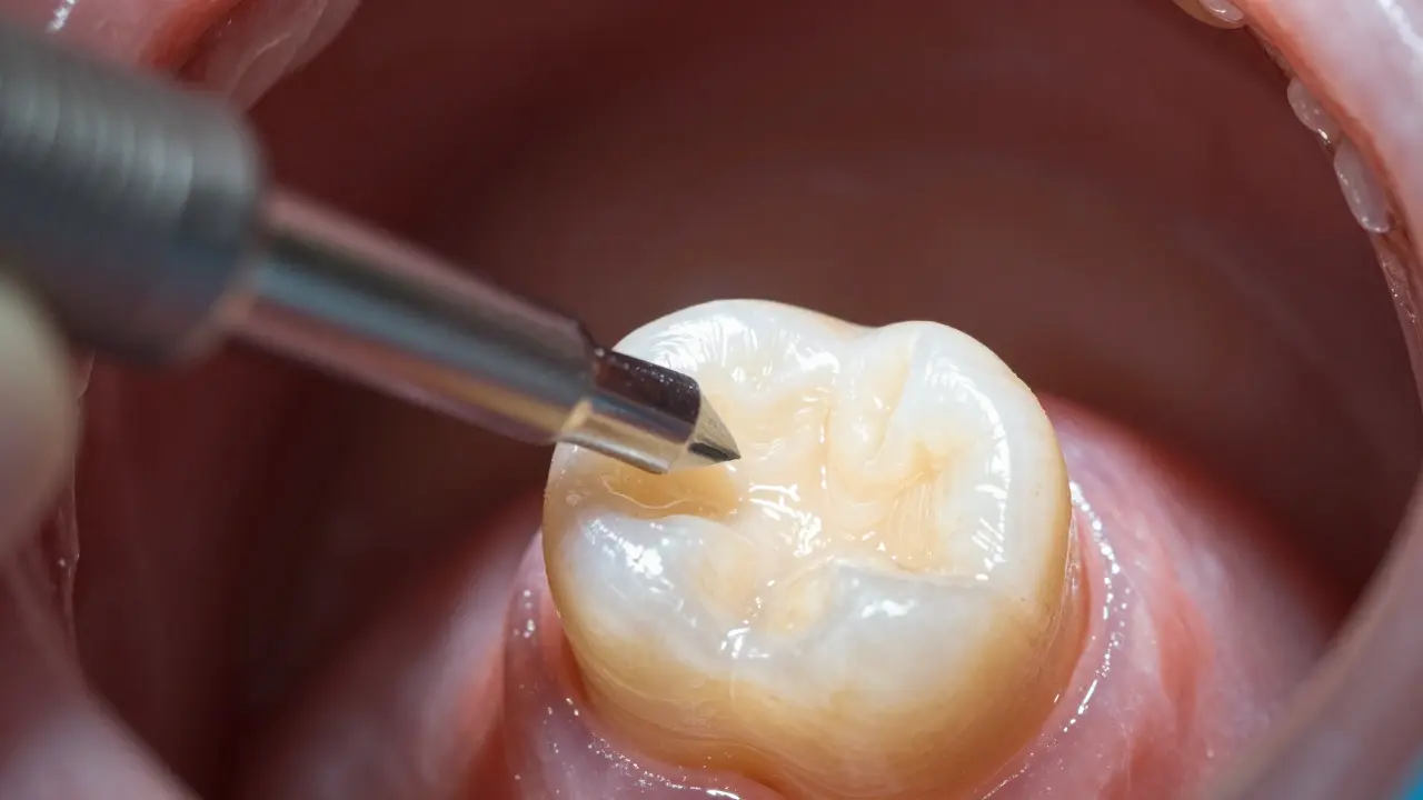 Close-up of a dental drill preparing a tooth surface for a crown
