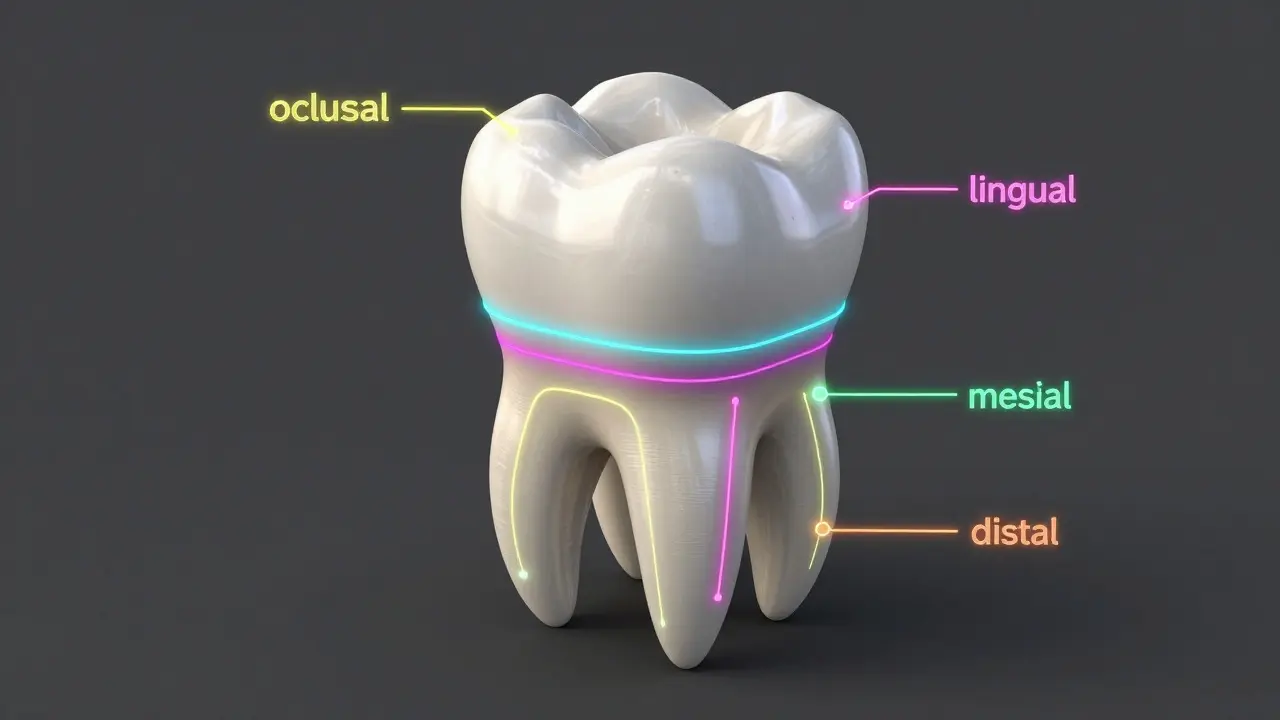 Detailní anatomický pohled na zub se zvýrazněnými povrchy: okluzální, faciální a další.