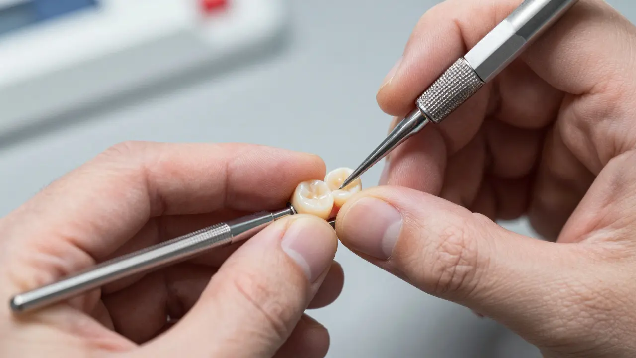Detailní pohled na práci technika při výrobě keramické zubní vložky v laboratoři