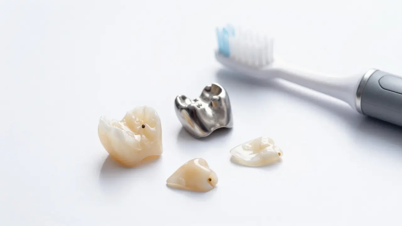 Detailní záběr na keramické korunky a hygienické potřeby