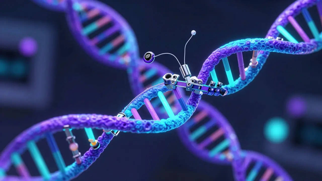 DNA spirála propletená s ortodontickým drátkem a genovými signály