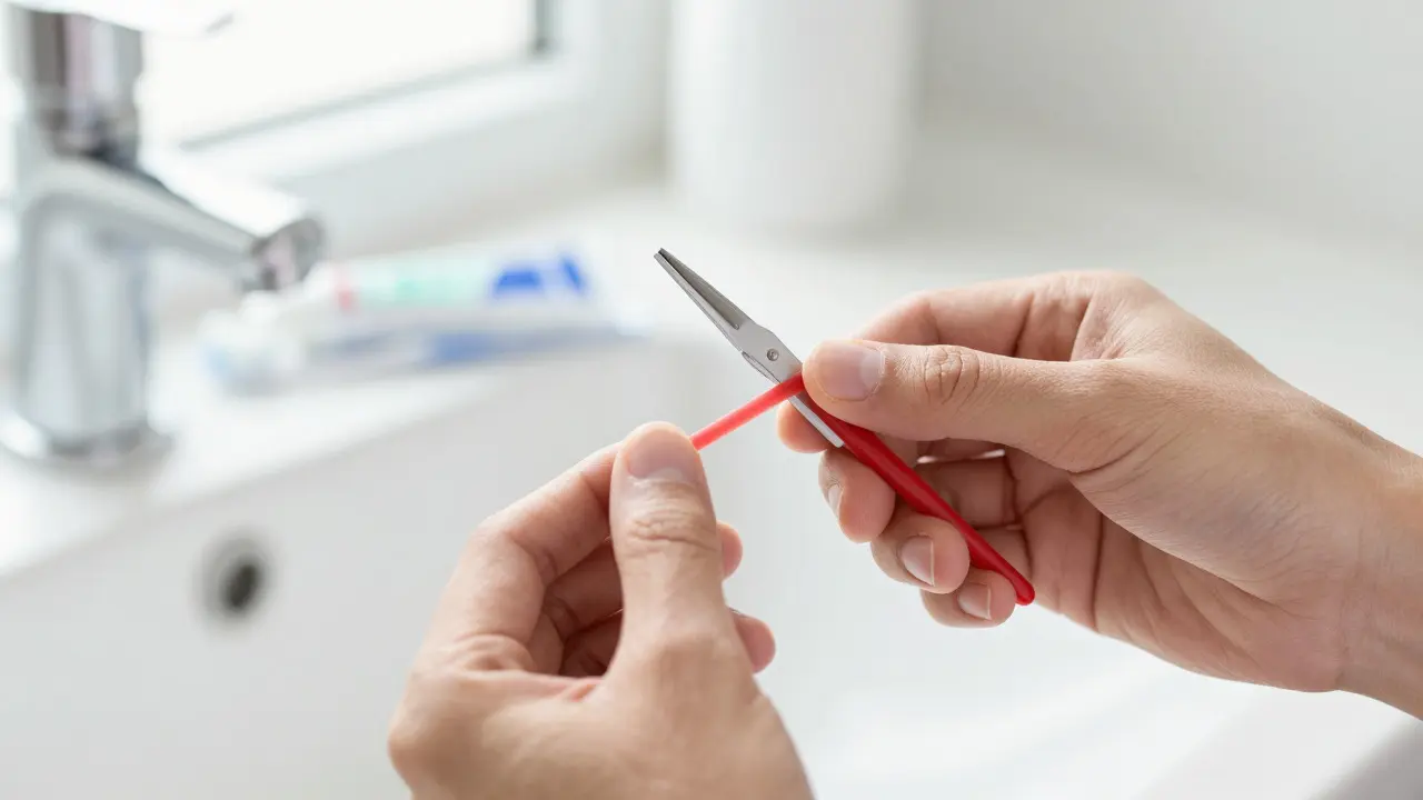 Hands using a special tool to place a red orthodontic rubber band