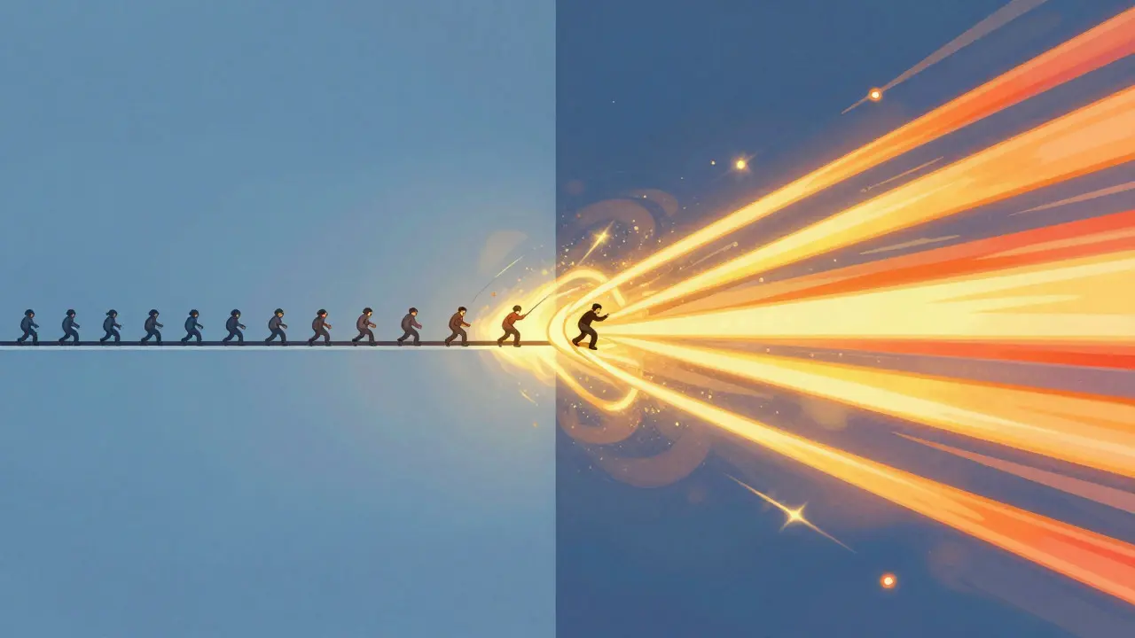 Illustration comparing slow waiting time vs rapid progress with elastics