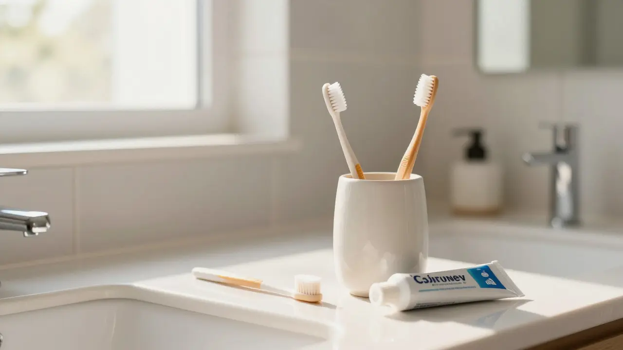 Kartáček Curaprox a doplňková hygienická příslušenství na moderním koupelnovém pultu