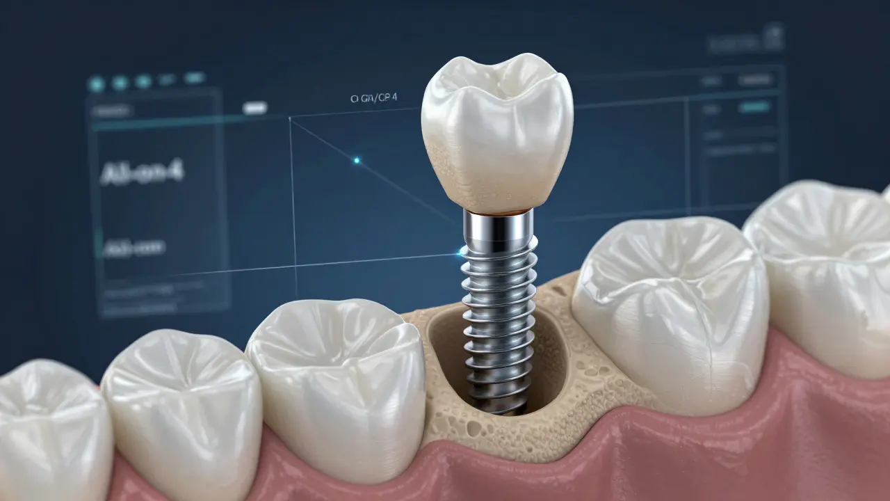 Schéma zubního implantátu ukotveného v kosti s keramickou korunou.