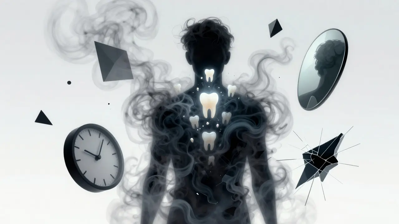 Surrealistická ilustrace osoby rozpadající se na kouř a vypadávající zuby