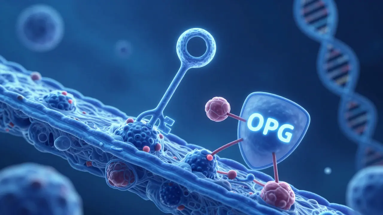 Vizuální reprezentace molekul RANKL a OPG ovlivňujících aktivitu buněk v kosti