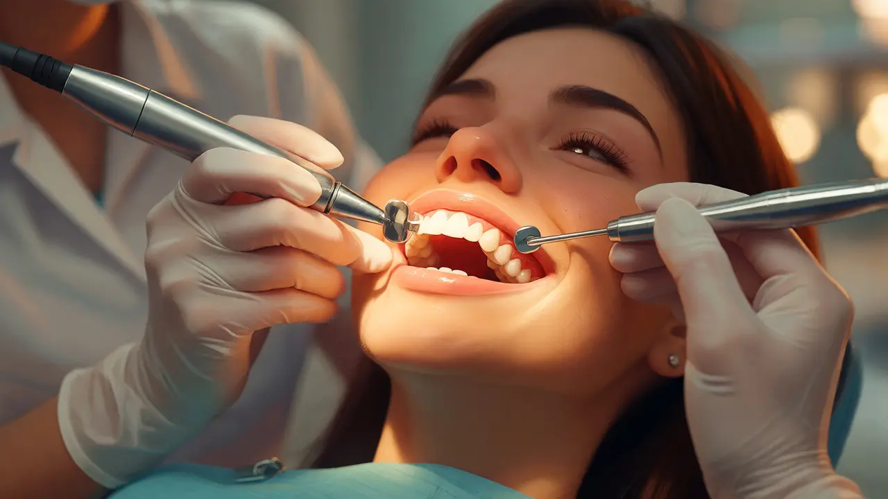 Dentální hygienista čistí zuby po sundání rovnátek a odstraňuje zbytky lepidla.