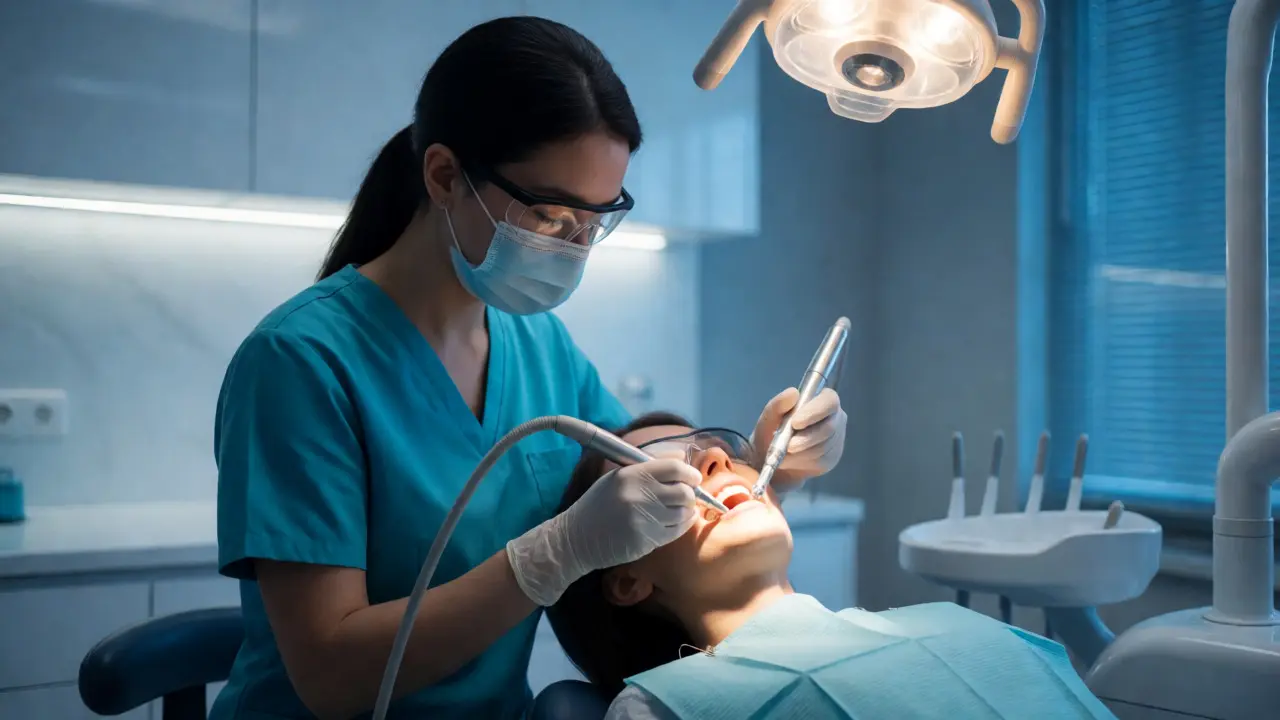Dentální hygienista provádí profesionální čištění zubů pacienta v moderní ordinaci.