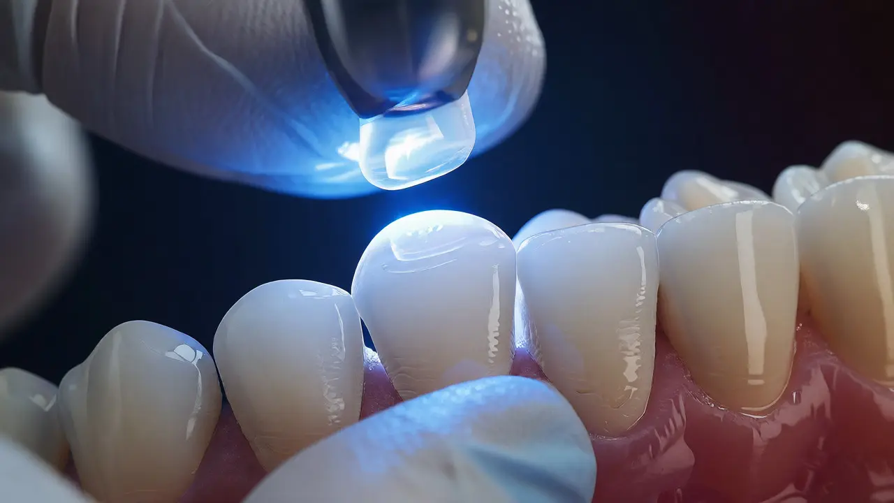 Detailní záběr na aplikaci keramických fazet pomocí UV lampy a speciálního lepidla.