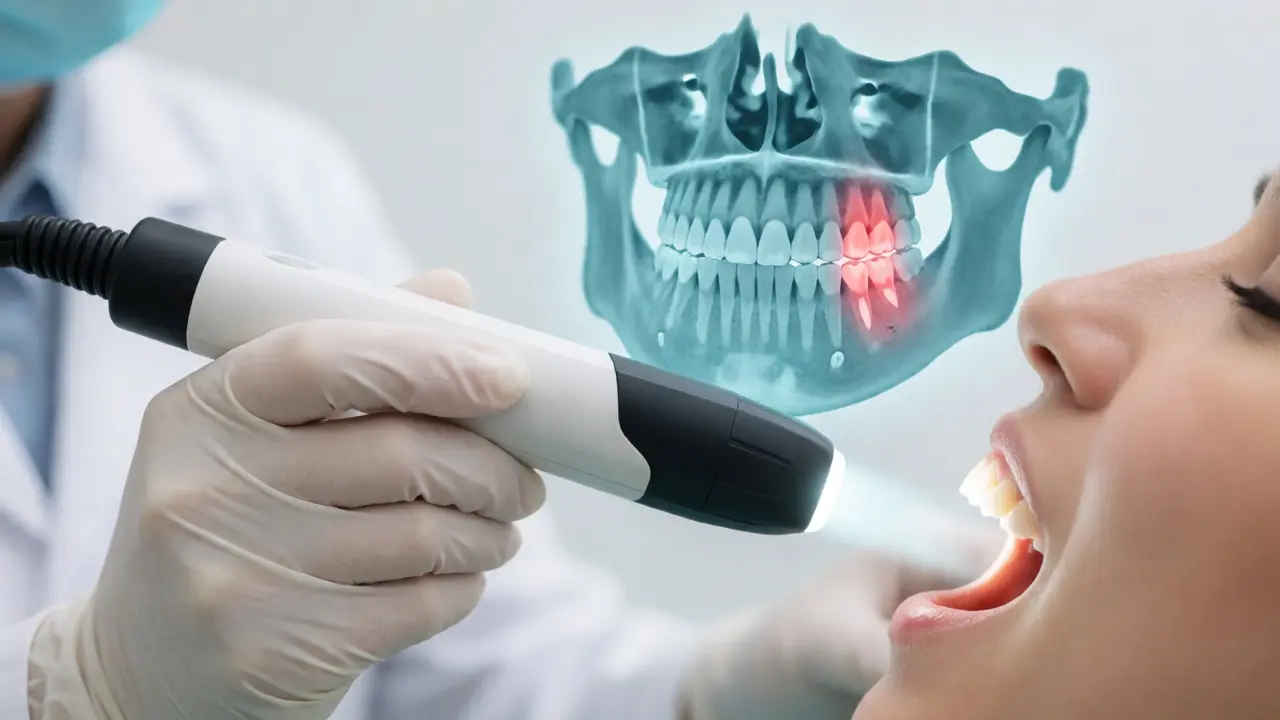 Diagnostika praskliny pomocí prosvětlení a 3D náhledu na kořen zubu.
