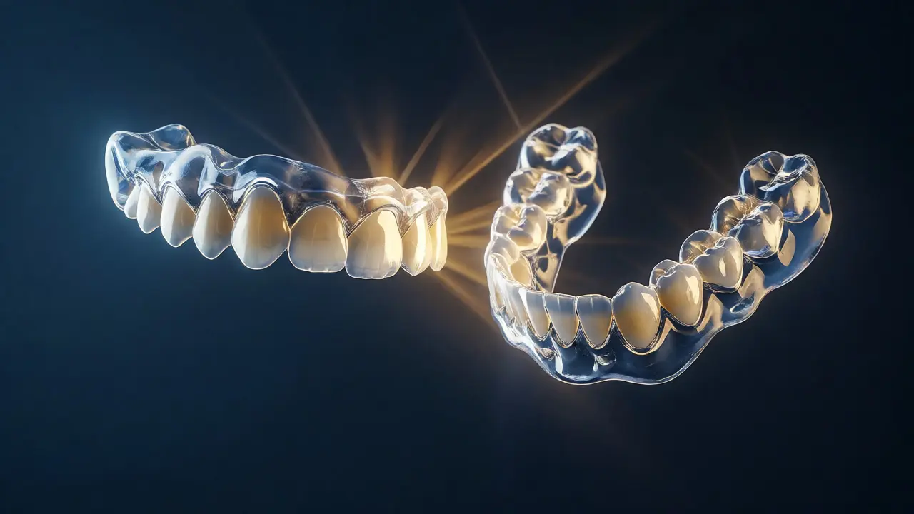 Dvě průhledné rovnátky Invisalign plovoucí ve vzduchu, ilustrující nápravu skusu.