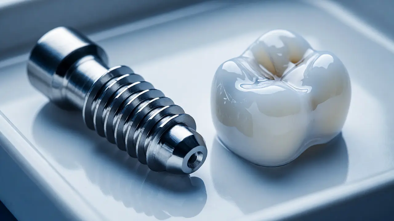 Makro snímek titanového implantátu a zirkonové korunky na bílém podkladu.