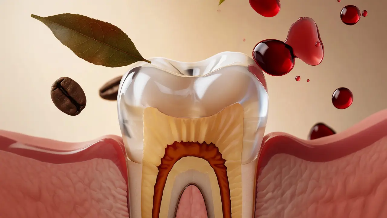 Průřez zubem ukazující sklovinu a dentin se skvrnami