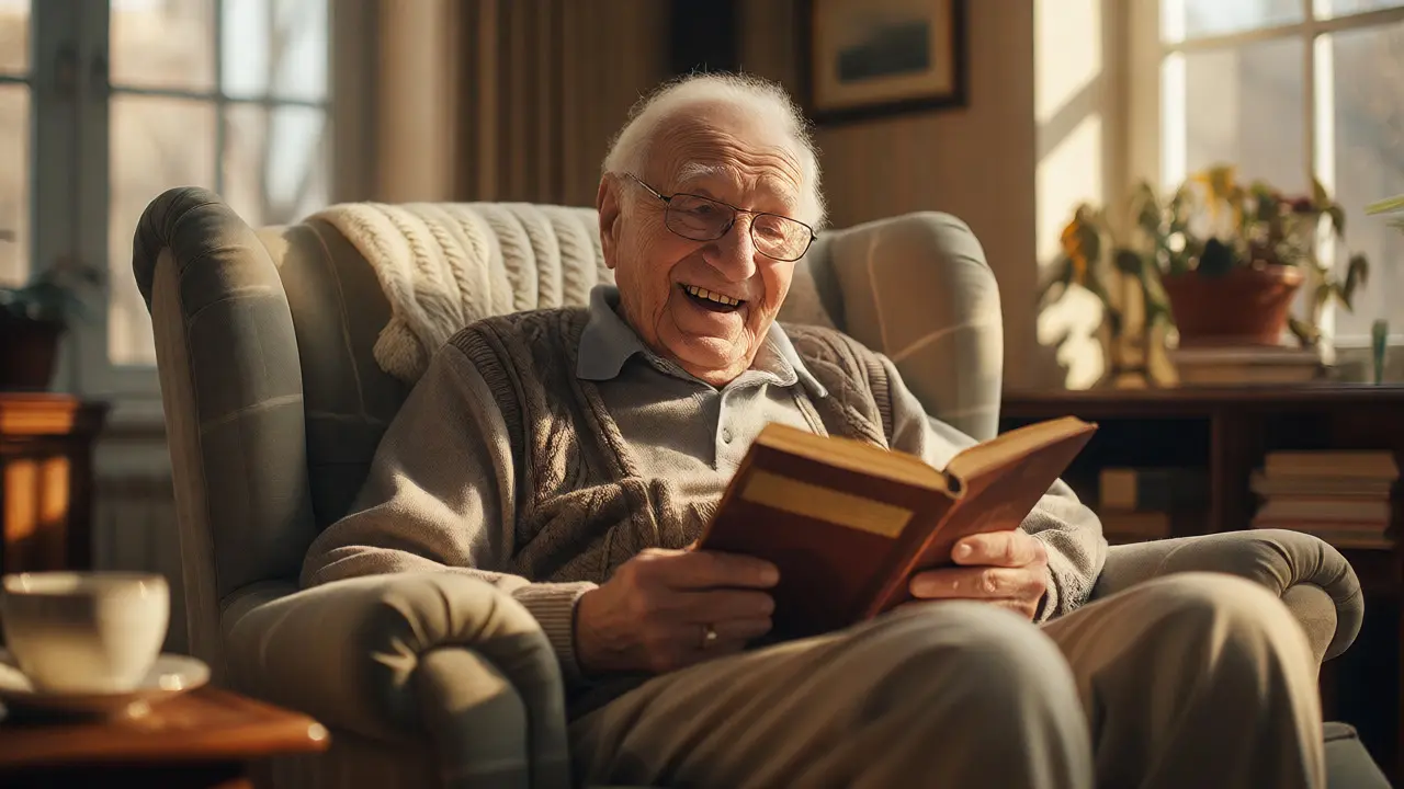 Senior s nasazovacími zuby čte nahlas v pohodlném křesle.