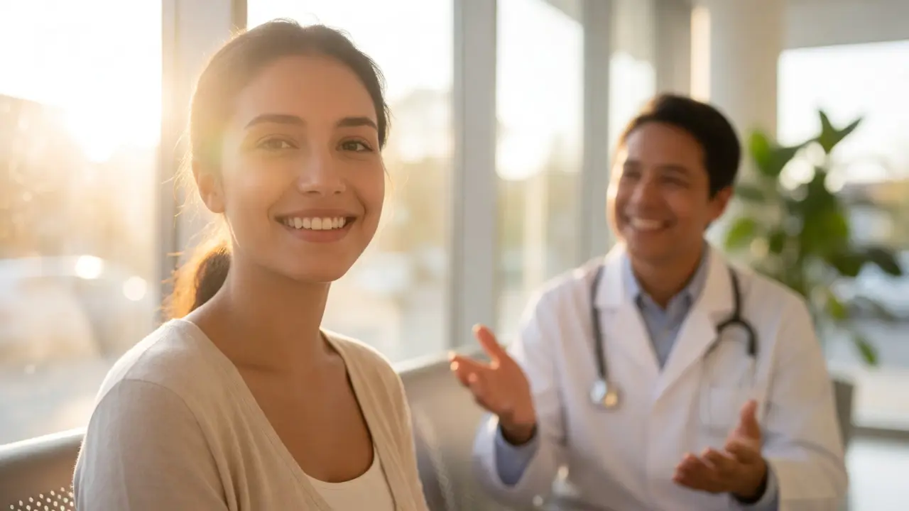 Spokojená pacientka po operaci obličeje ve světlé čekárně