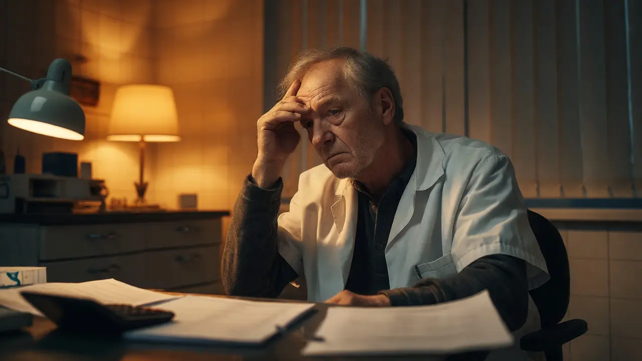 Unavený zubař ve své ordinaci po skončení pracovní doby