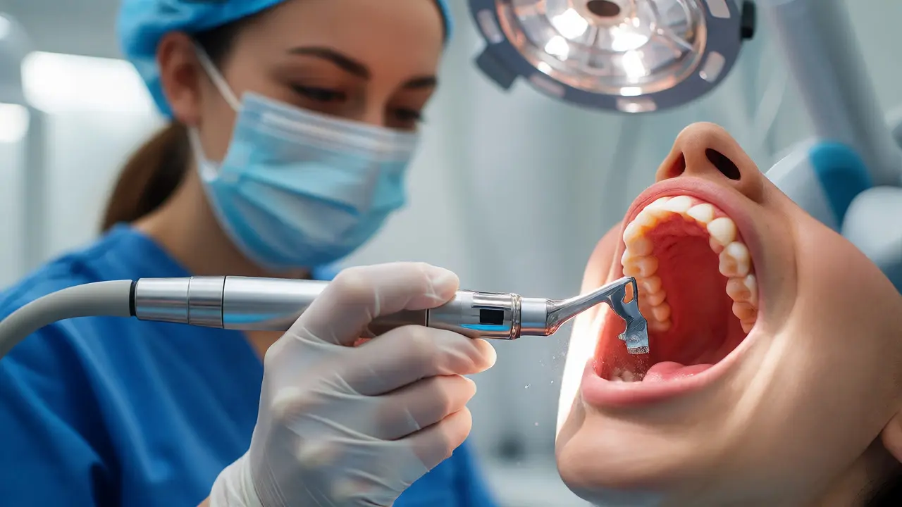 Dentální hygienistka odstraňuje zubní kámen ultrazvukem