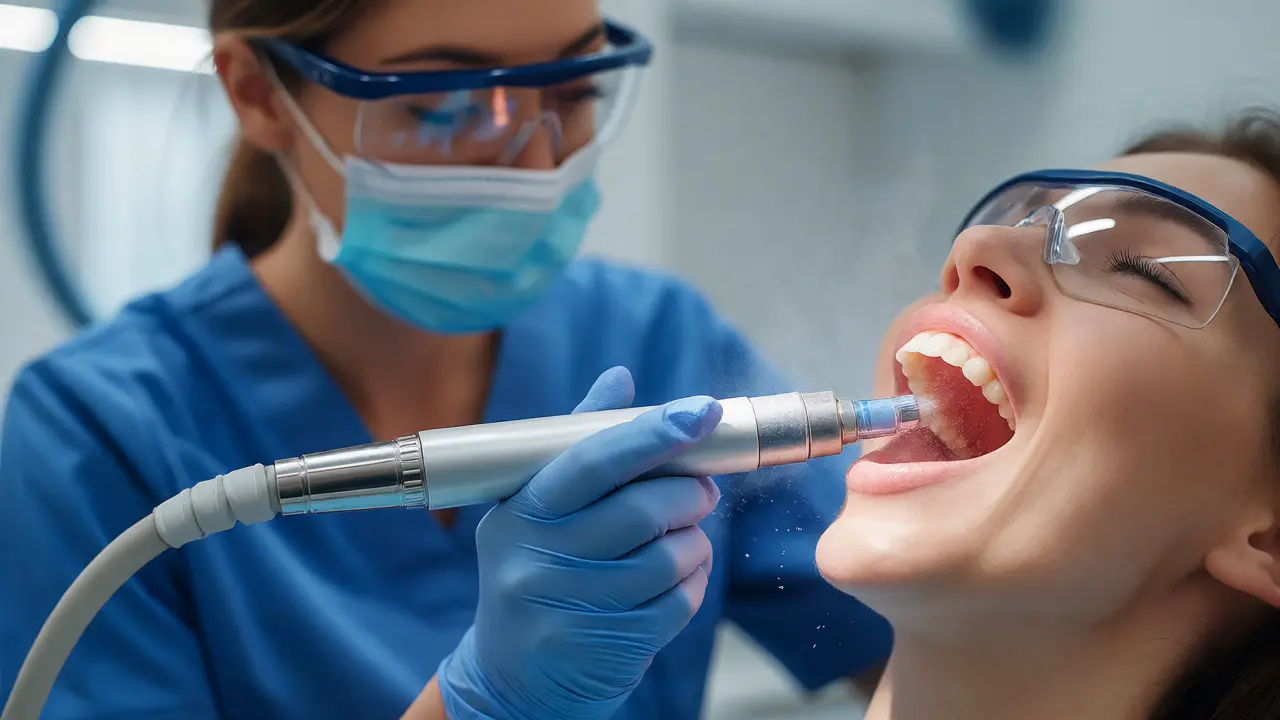 Dentální hygienistka provádí pískování zubů speciálním přístrojem