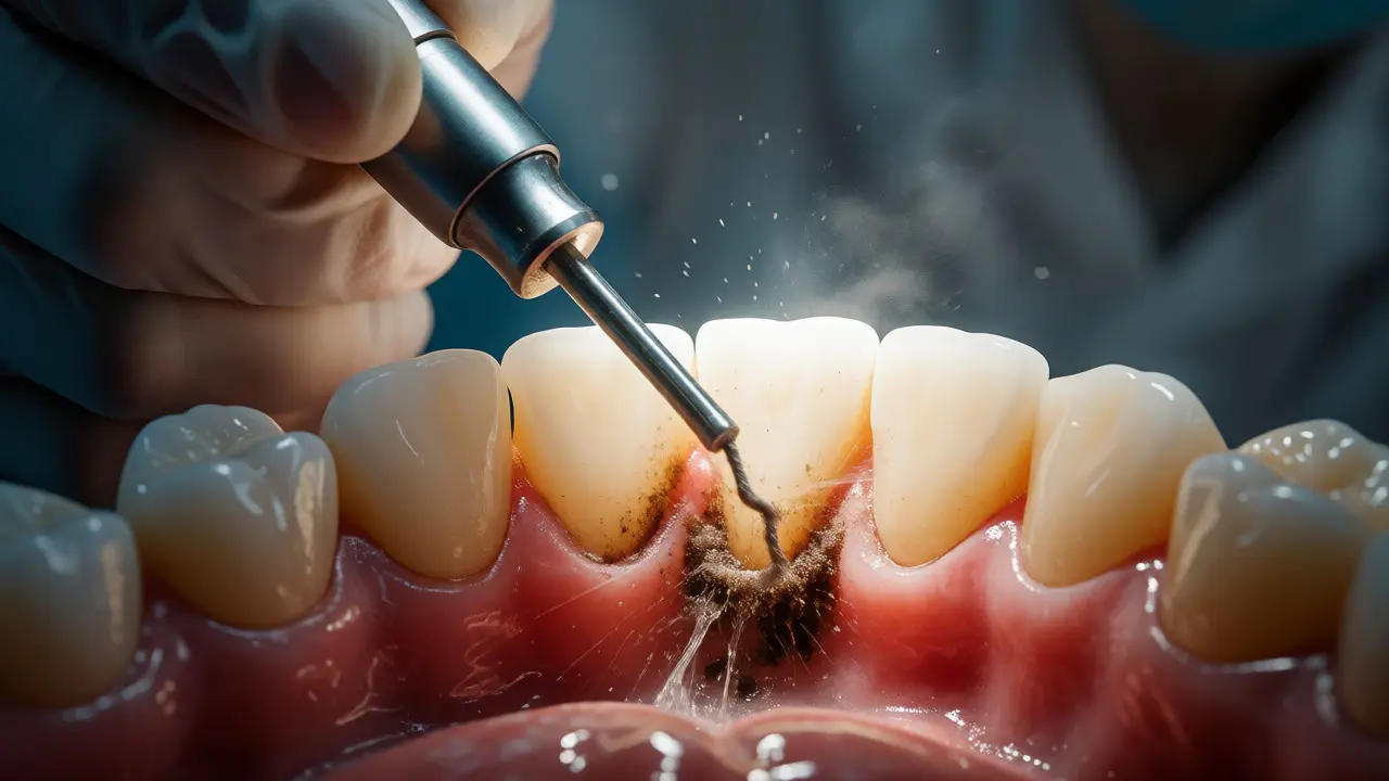 Dentista odstraňuje zubní kámen ultrazvukem během ošetření