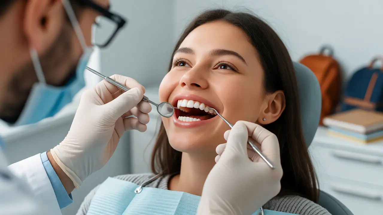 Dentista vyšetřuje zuby studenta po úspěšném ošetření, úsměv působí zdravě a sebevědomě.